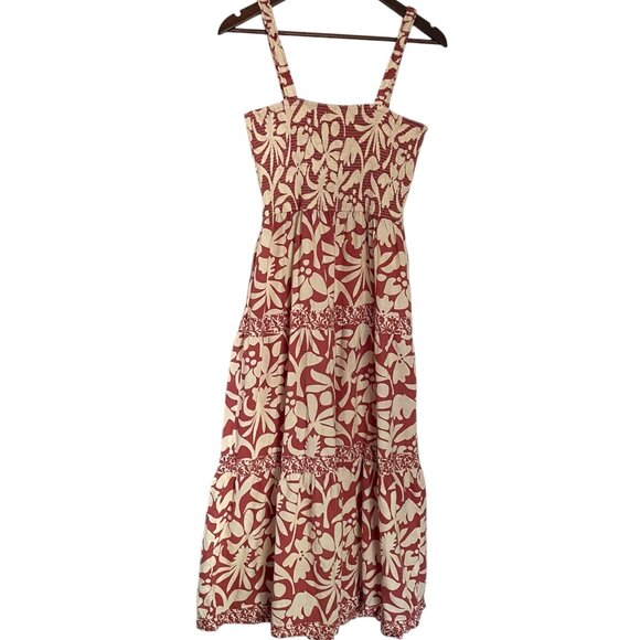 Marine Layer Selene Tiered Maxi Sun Dress L Red Cream Floral Square Neck Smocked - Picture 4 of 8